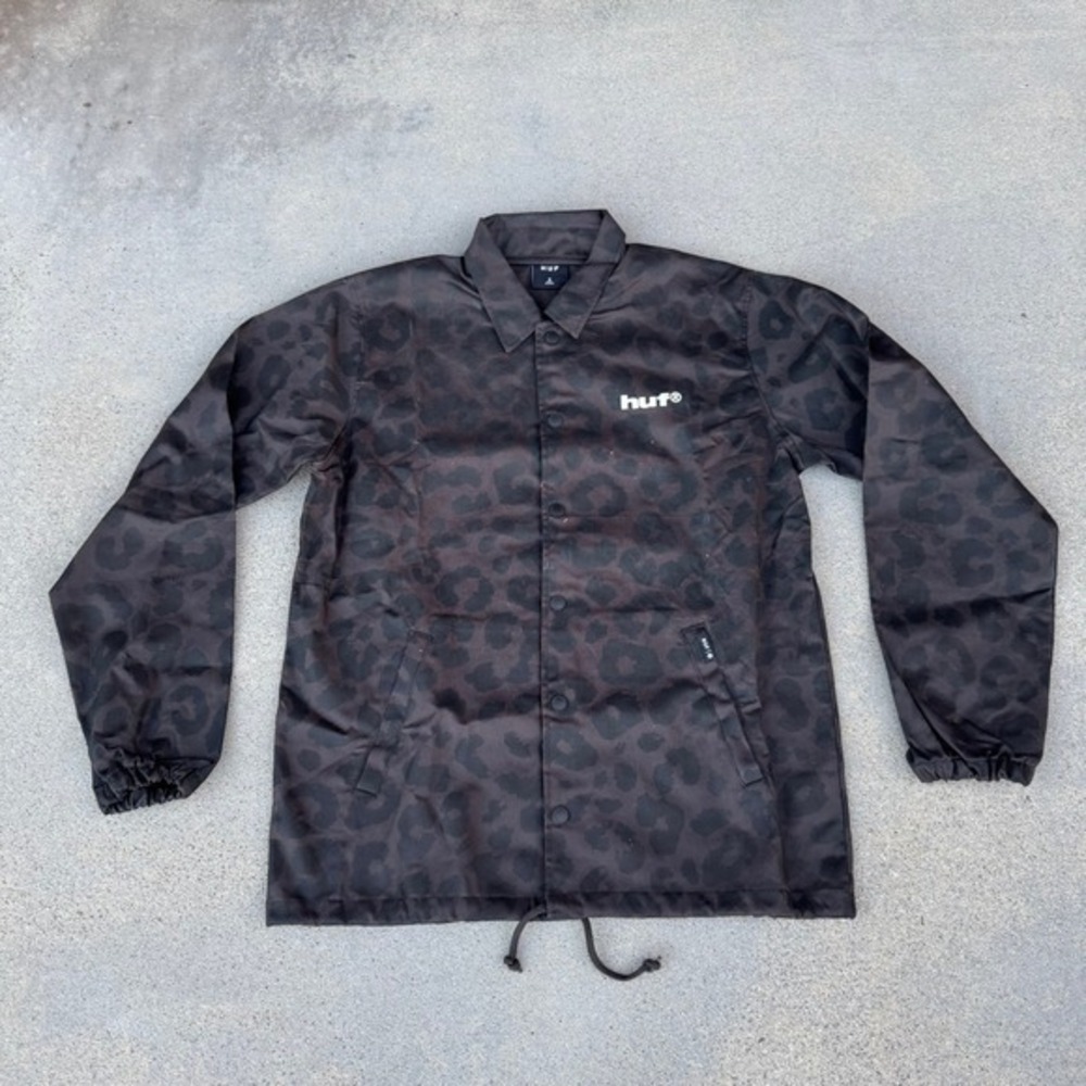 HUF Size Small Leopard Print Coach Jacket Men Black Snap Button Casual Outerwear